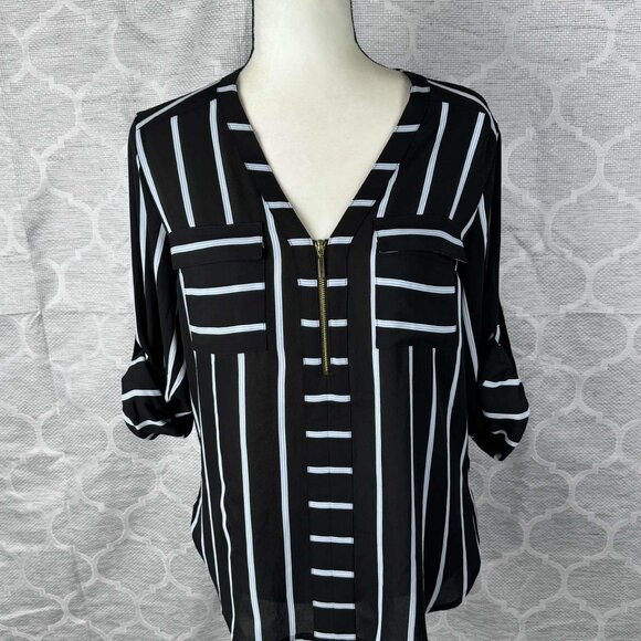 🖤 Express Black White Stripe Blouse w/ Zip Front - Size Medium - Picture 1 of 9
